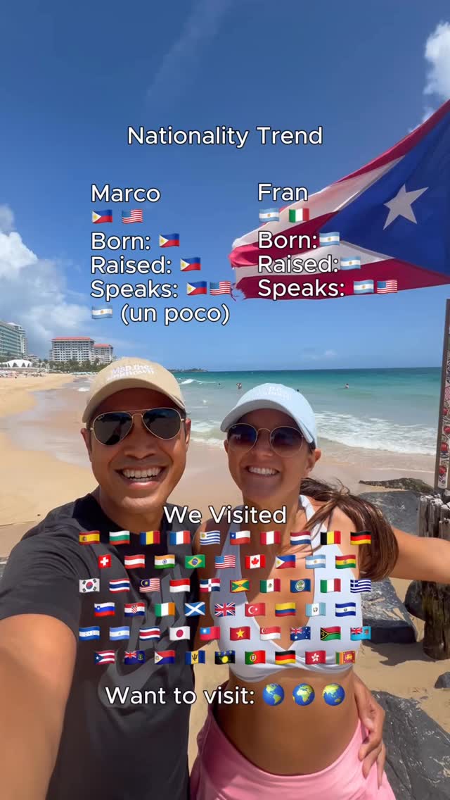 Did we visit your country? Leave a “yes” in the comments.

If not, leave your flag. We would love to meet you!

If you don’t know us yet… We’re Marco and Fran. 👋

We are a multi-culture couple, Filipino-American (Marco) and Argentinian-Italian. We hold 4 passports and we’ve been full-time nomads for 8+ years.

We quit our corporate jobs back in 2018 to start our own online business and travel the world and honestly has been the best decision of our lives. 

Traveling changed our lives and we hope you find the courage to go see the world and experience it too.

It’s been 8+ years traveling the world, we learned a lot, met so many people, experienced different lifestyles, and honestly we think 9-5 is a scam. There is another way to live with more freedom and fulfillment.

That’s why our mission now is to ambitious 9–5 professionals (like we were before) who feel stuck and burned out in their corporate jobs launch their own purpose-aligned lifestyle business so they can finally leave their jobs, travel whenever they want, and create a life with more freedom and fulfillment.

👇🏽 Follow us @maptheunknown to learn more about how to transition out of the 9–5 system, become the boss of your own life, and create your own freedom lifestyle. ✨